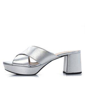 NWT Prada Platform Sandals Metallic Silver Saffiano Leather Crisscross Strap